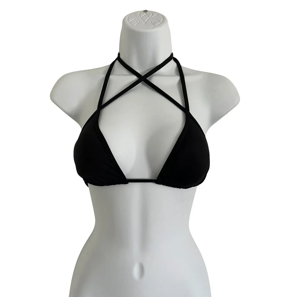 L*SPACE Black Multi-Way Triangle Halter Double Strap Bikini Top